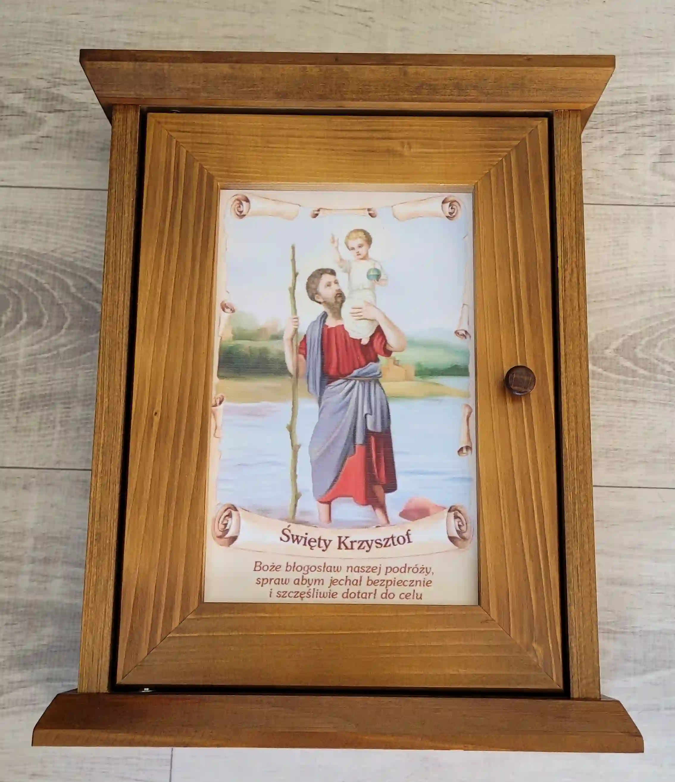 PIKUSA — skrzynka na klucze, ciemne drewno, Św. Krzysztof